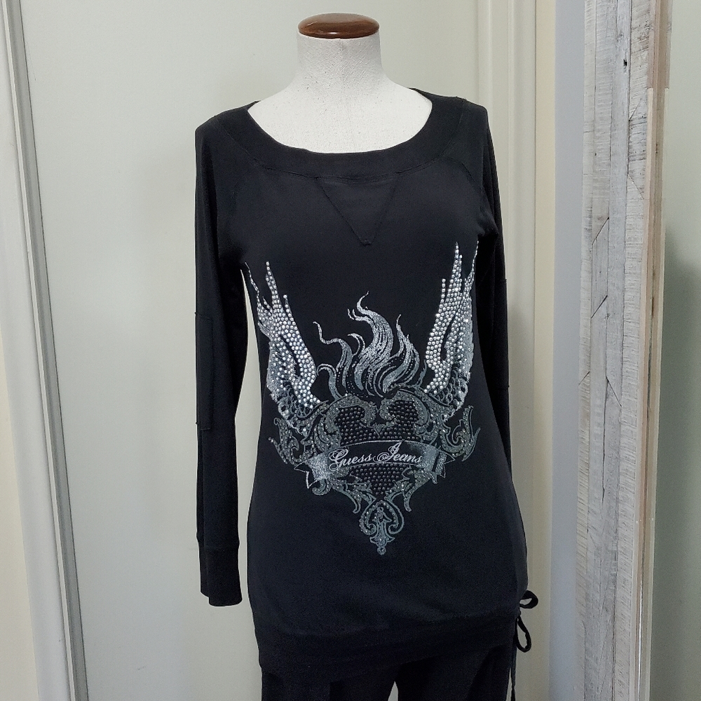 Guess Rocker Screen Print Rhinestone Tunic Black S - Picture 6 of 11